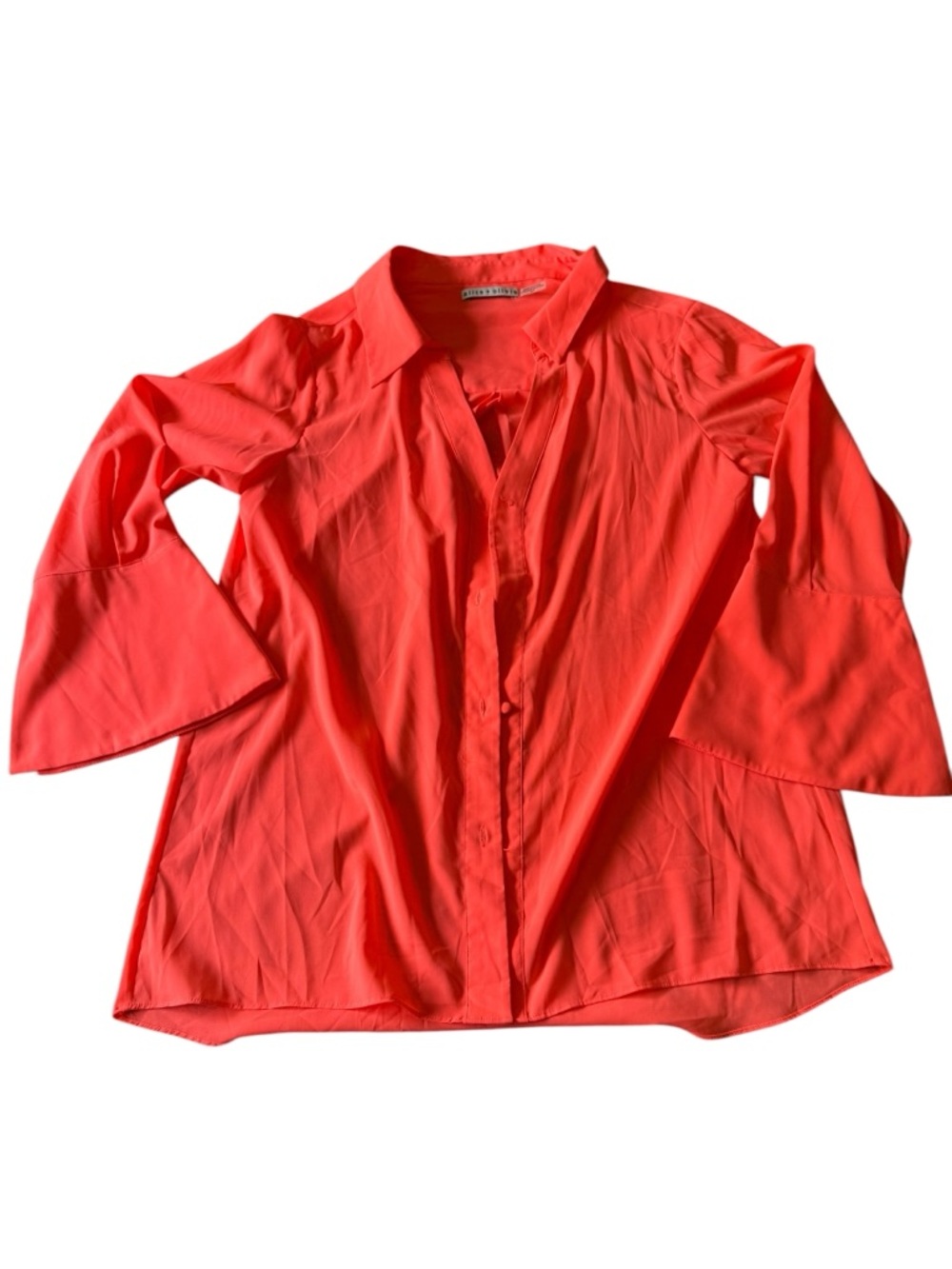 ALICE + OLIVIA Denver Open Neck Oversized Neon Coral Red Shirt Flare Sleeves SM